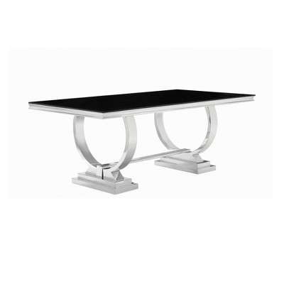 Dining Table with Glass Top and Trestle Base Black/Chrome - Benzara