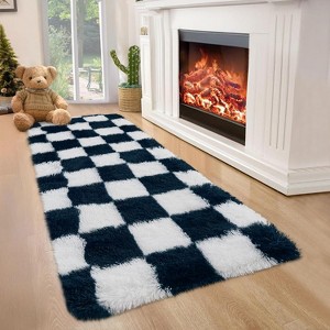 Modern Checkered Runner Rug, Ultra-Soft High Pile Non-Slip Shaggy Carpet for Hallway Bedroom Entryway - 1 of 4