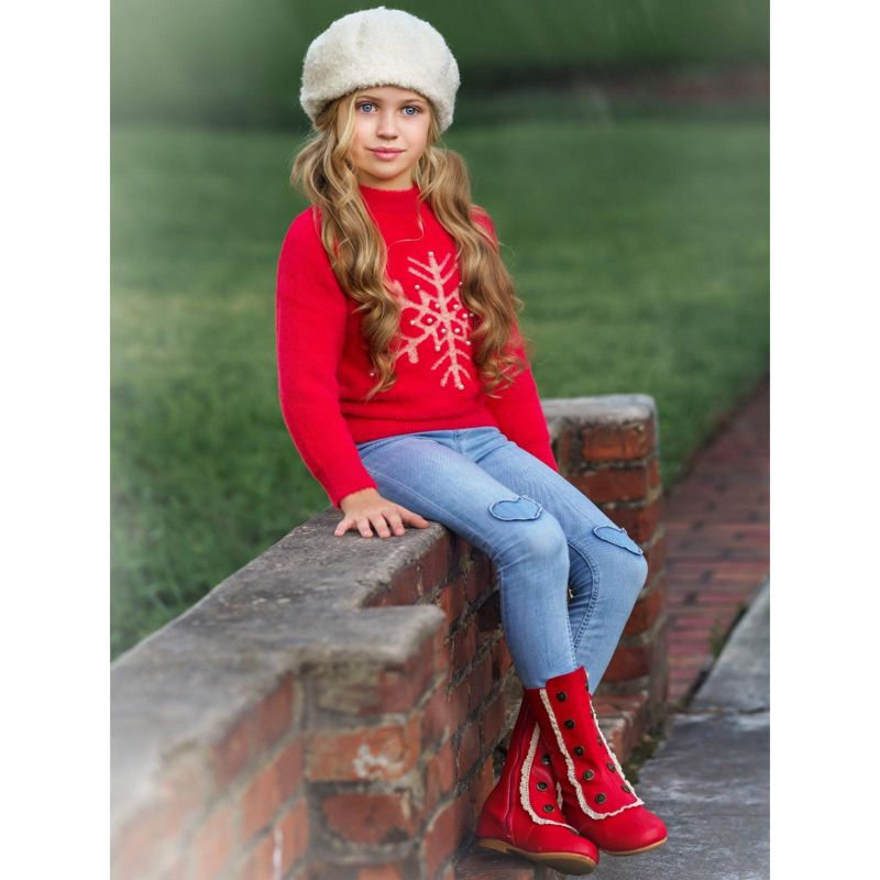 Girls Snowflake & Pearls Fuzzy Holiday Sweater - Mia Belle Girls, 4 of 7