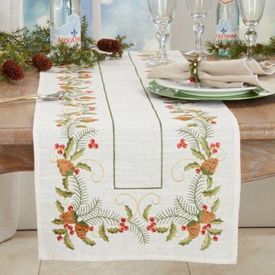 Natural Embroidered Pinecone and Holly Table Runner
