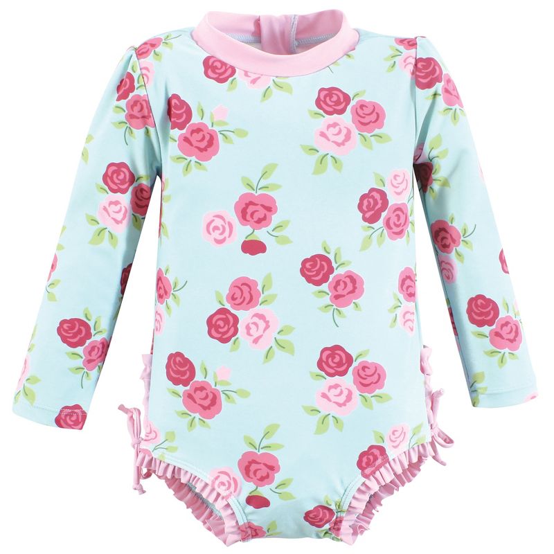 Hudson Baby Girls Rashguard Toddler Swimsuit, Mint Pink Roses, 1 of 3