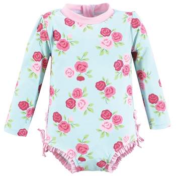 Hudson Baby Girls Rashguard Toddler Swimsuit, Mint Pink Roses