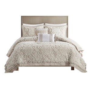 Gulches Series Taupe Beige Classic Comfort Tufted Medallion 100% Cotton King 3 Piece Duvet Mini Set Blanket - 1 of 4