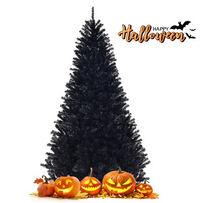 Tangkula Artificial Christmas Tree Halloween Hinged Spruce Full Tree with Metal Stand Black