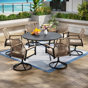 Captiva Designs 7pc Patio Dining Slat-top Steel Table & Beige Rattan Chairs with Cushions - 1 of 4