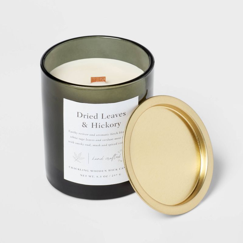 Clear Colored Glass with Woodwick and Brass Metal Inset Lid Dried Leaves + Hickory Candle Green - Threshold™, 4 of 5