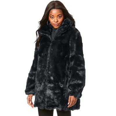 Roaman's Women's Plus Size Full Length Faux-Fur Coat With Hood - L, Gray at   Women's Coats Shop