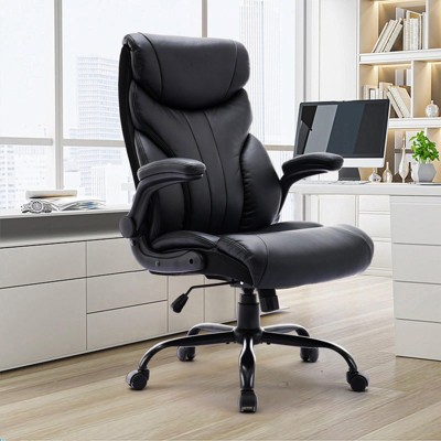 High Back Executive Office Chair - 500lb Capacity Ergonomic PU Leather Swivel Chair with Adjustable Height, Lumbar Support & Flip-Up Arms
