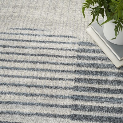Astra Ivory Blue Geometric Mid-Century Modern Washable Area Rug