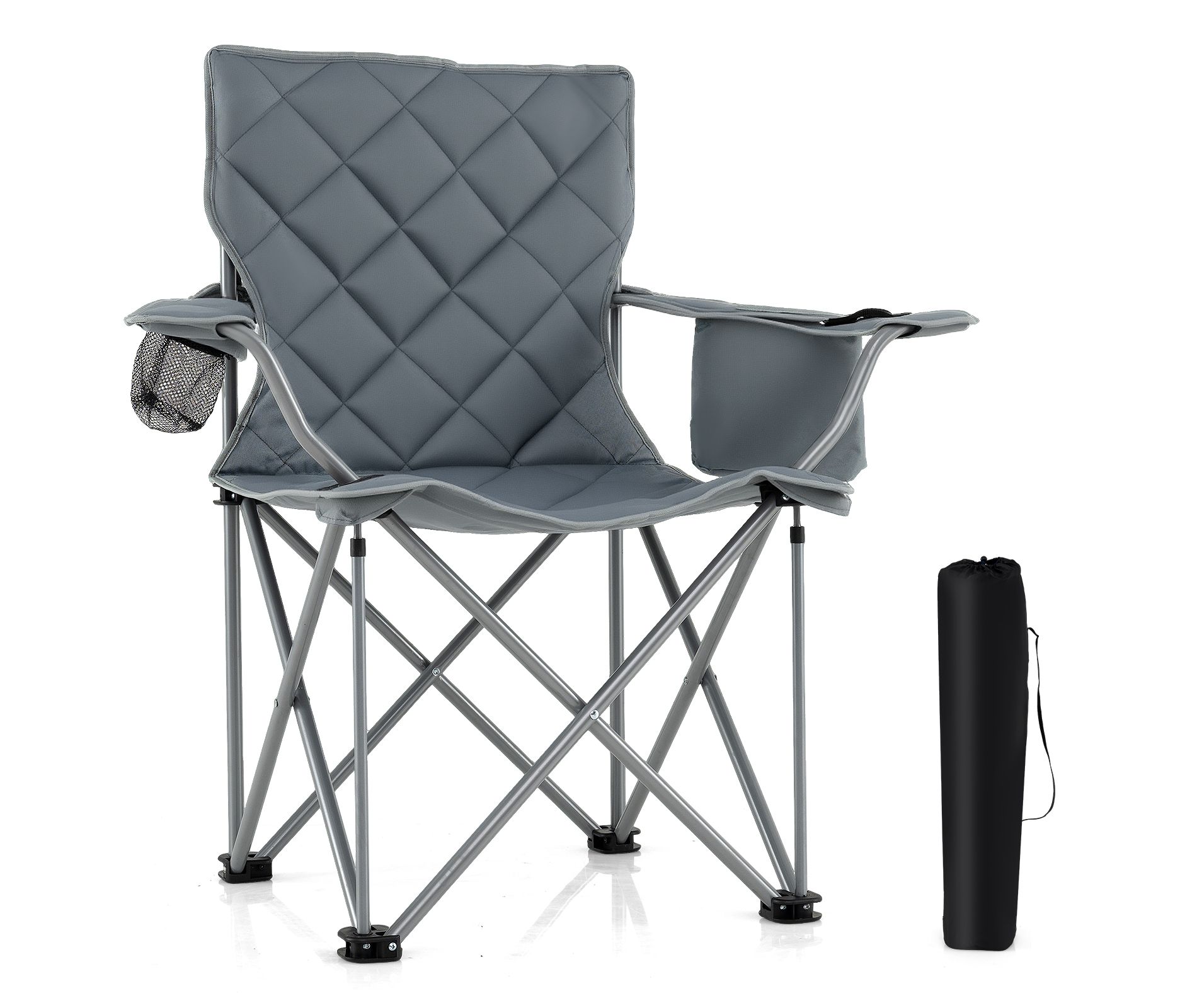 Tangkula Oversized Camping Chairs Heavy Duty Outdoor Folding Chair w/Cooler Pouch Gray