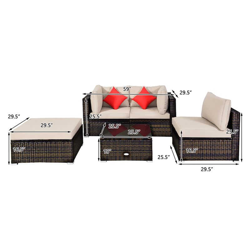 Costway 5PCS Outdoor Patio Rattan Furniture Set Sectional Conversation Beige Cushion, 4 of 10