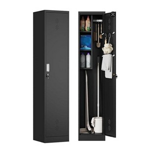 Mlezan Broom Closet Cabinet: Black Metal Storage for Brooms, Mops & Cleaning Supplies. Ideal for Garage, Laundry Room, or Bathroom Organization. - 1 of 4