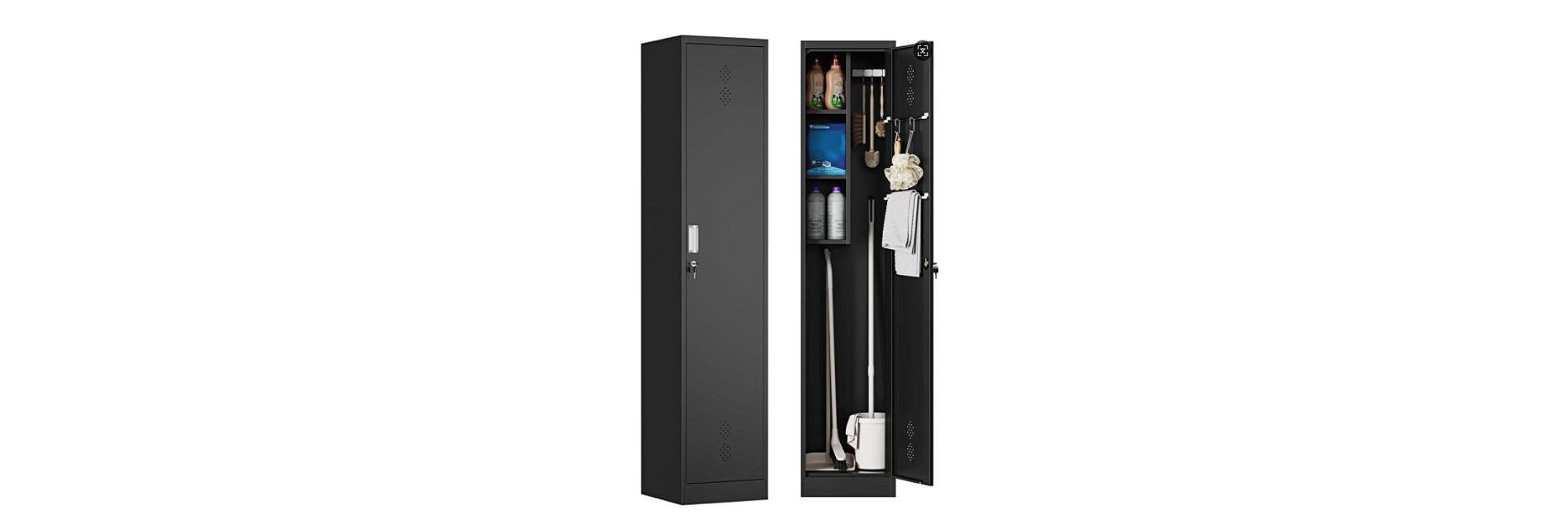 Mlezan Broom Closet Cabinet: Black Metal Storage for Brooms, Mops & Cleaning Supplies. Ideal for Garage, Laundry Room, or Bathroom Organization.