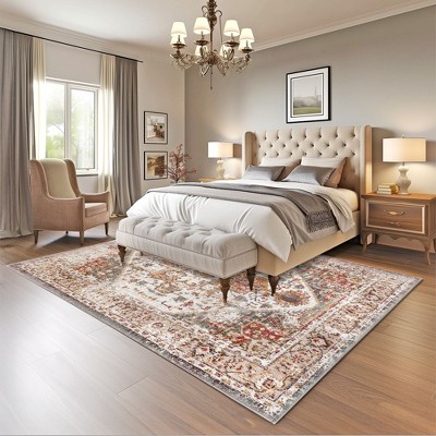 Beige Medallion Rectangular Easy Care Synthetic Rug