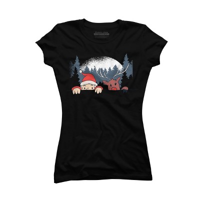 Junior's Design By Humans Christmas Santa And Rudolph Peaking By rasok T-Shirt