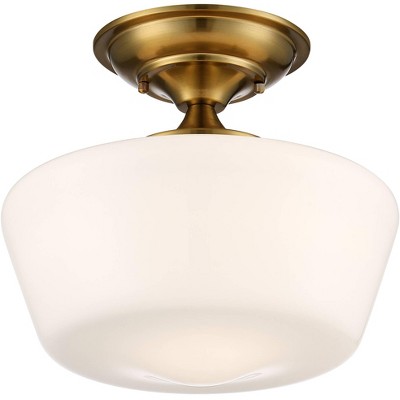 Regency Hill Schoolhouse Ceiling Light Semi Flush Mount Fixture Soft Gold 12" Wide Opal Glass for Bedroom Kitchen Hallway Bathroom