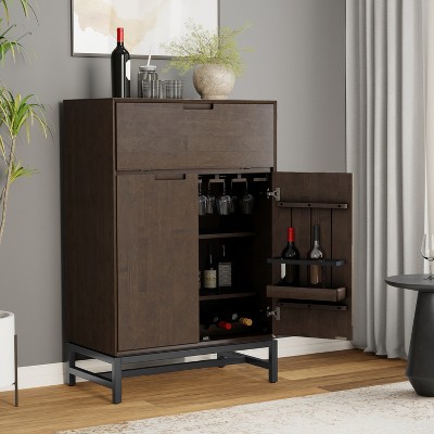 ORRD  Bar Cabinet Walnut Brown - Solid Rubberwood Wine Cabinet with Stemware Racks & Metal Base