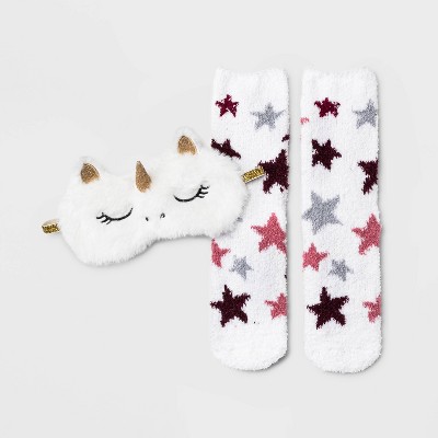 Women's Unicorn Faux Fur Eye Mask & Cozy Socks Set - White 4-10