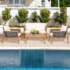 Costway 4PCS Patio Rattan Furniture Set Acacia Wood Cushioned Sofa Off - 1 of 4