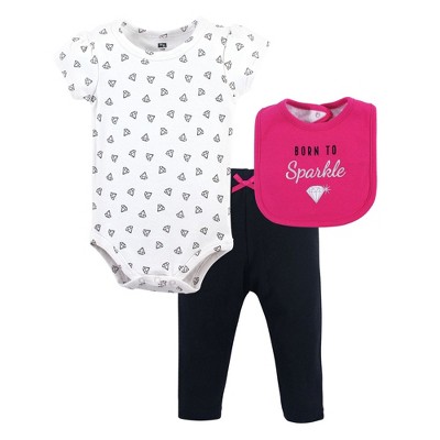 Hudson Baby Infant Girl Cotton Bodysuit, Pant and Bib Set, Sparkle