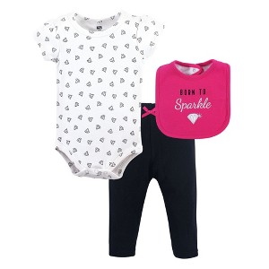 Hudson Baby Infant Girl Cotton Bodysuit, Pant and Bib Set, Sparkle - 1 of 1