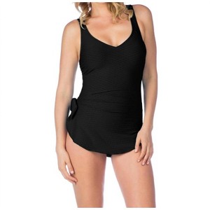 Women's Textured Spa Shirred Front Girl Leg One Piece Swimsuit - Maxine of Hollywood - 1 of 2