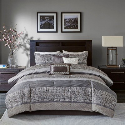 Kumasinova 7Pcs Luxurious Jacquard Comforter Set with Shams,Decor Pillows&Bed Skirt,Transitional Style Bedding Set,Machine Washable,Gray