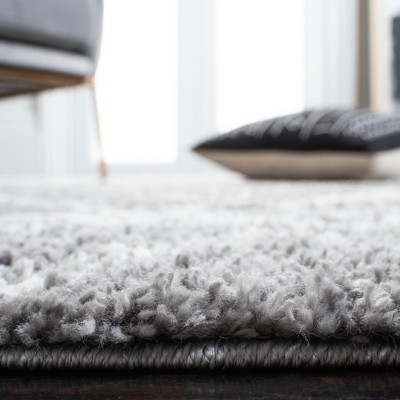 Gray and Cream Square Shag Rug with Geometric Pattern