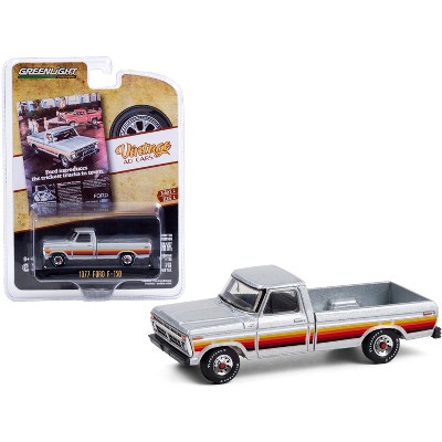 1977 Ford F-150 Pickup Truck Silver with Stripes "Vintage Ad Cars" Series 4 1/64 Diecast Model Car by Greenlight