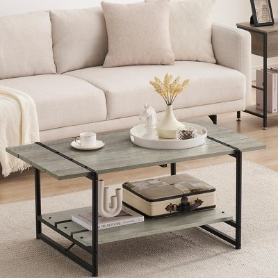 WhizMax 41'' Modern Industrial Large Wood Coffee Table with Storage Shelf, 2-Tier Rectangle Coffee Table Accent Furniture, Coffee Table