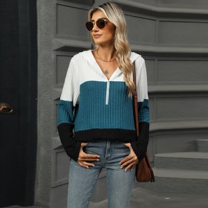 Women Pullover Long Sleeve Half-Zip Color-Block Hoodie Sweater, Blue, XXL - 1 of 4