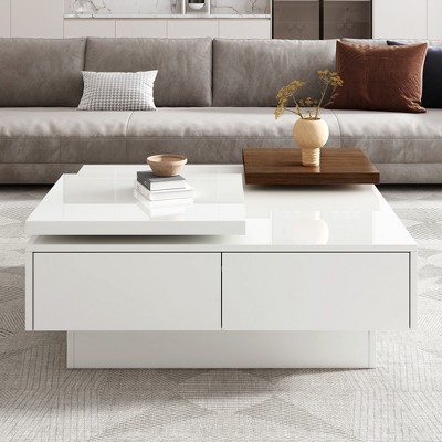 Modern Square Coffee Table Cocktail Table Wood Center Table Sofa Table with Movable Top, 4 Storage Drawers, High Gloss Finish, White/Black-HABITRIO