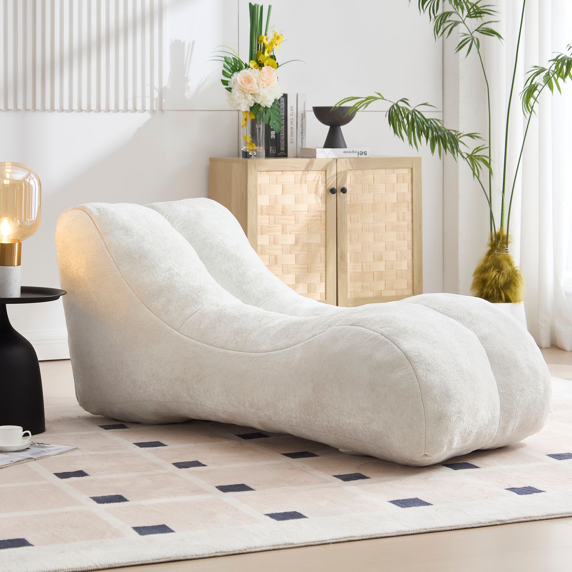 Chaise Lounge for Yoga, S Curved Bean Bag Chair, Comfy Chaise Lounge Filled with Soft Sponge, Floor Boneless Reading Sofa for Living Room, White