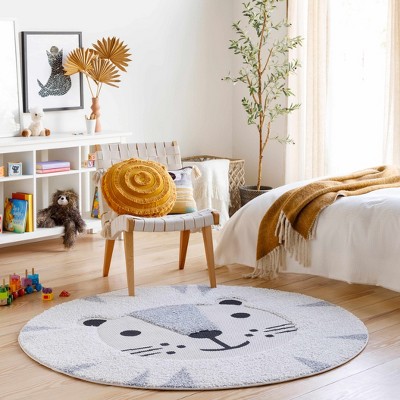 Ivory and Charcoal Round Kids Lion Print Polypropylene Rug