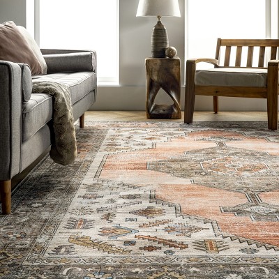 Peach Medallion Easy-Care Rectangular Synthetic Rug