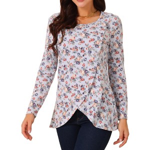 Seta T Women's Crew Neck Long Sleeve Asymmetrical Hem Floral Casual Tops - 1 of 4