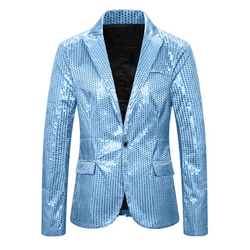 Lars Amadeus Men's Peak Lapel Party Wedding Shiny Sequins Tuxedo Blazers  Light Blue X Large