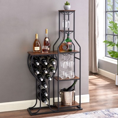 5 Tier Freestanding Wine Rack,Wine Bottle Holder,Wine Storage Organizer with Hanging Wine Glass Holder,Wine Display Rack for Bar Kitchen Living Room