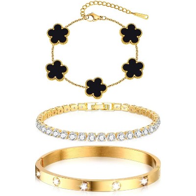 Gold Bracelets for Women,14K Gold Plated Love Bangle Bracelet Set,Crystal Stackable Bangles with Friendship