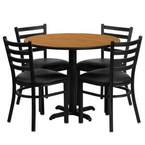Emma and Oliver 36RD Natural Table Set-X-Base & 4 Ladder Back Chairs,Black Seat - 1 of 2
