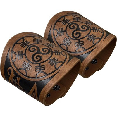 2 PCS Viking Embossed Faux Leather Cuff Bracelet, Norse Retro Wristband, Nordic Mjolnir Vegvisir Pattern Cuff Bangle