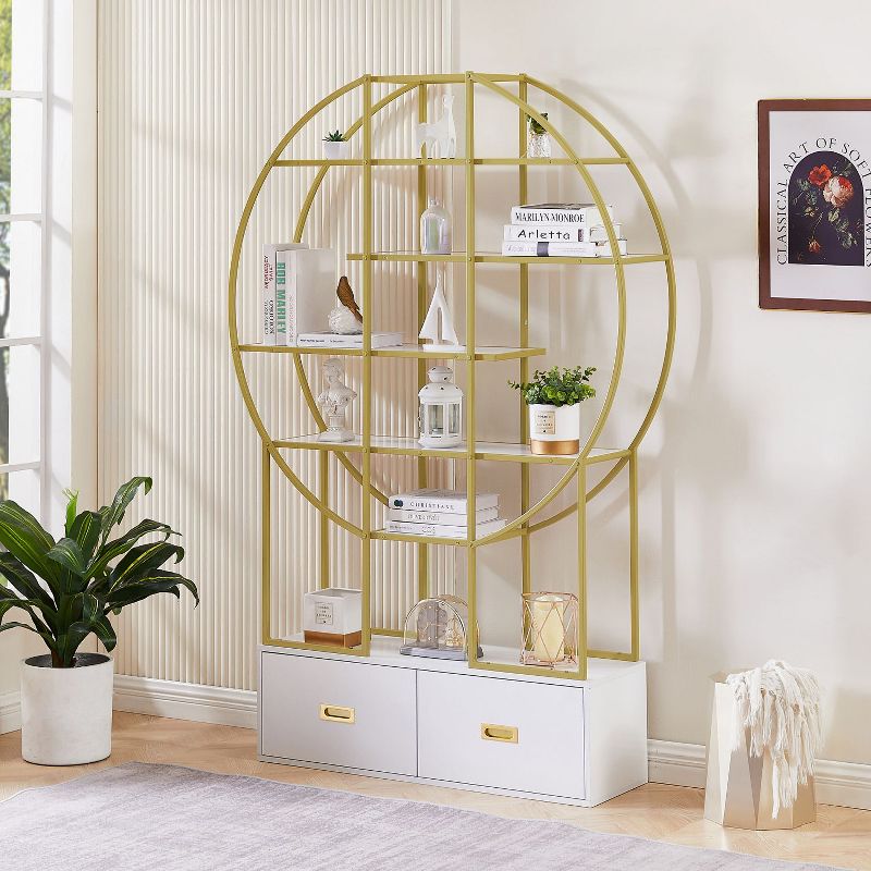 70.8 Inch Round Office Bookcase Bookshelf Retro style Display Shelf, Two Drawers with Round Top for Living Room and Bedroom-The Pop Home, 1 of 11