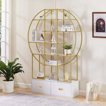 70.8 Inch Round Office Bookcase Bookshelf Retro style Display Shelf, Two Drawers with Round Top for Living Room and Bedroom-The Pop Home