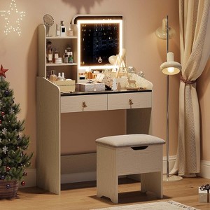 Makeup Vanity with LED Lighted Mirror,Vanity Desk with 2 Drawers & Power Outlet, Dressing Table with 4 Open Shelves and Storage Stool for Bedroom - 1 of 4