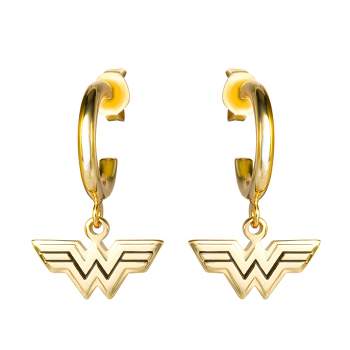 DC Comics Wonder Woman Logo Gold Plated Charm Hoop Dangle Earrings, 