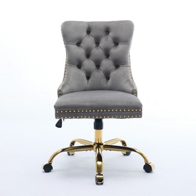 GlasFlength Task and Office Chairs Modern Velvet Swivel Chair with Gold Base and Tufted Back for Home Office, Gray, 24.8"*19.4"*38.6"
