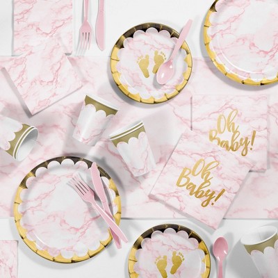 Rose Gold Pink Baby Shower Tableware Set - 24 Plates, Napkins, and Cup –  Sweet Baby Company