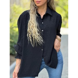 Womens Long Sleeve Polka Dot Jacquard Loose Fit Button Down Shirt - 1 of 2