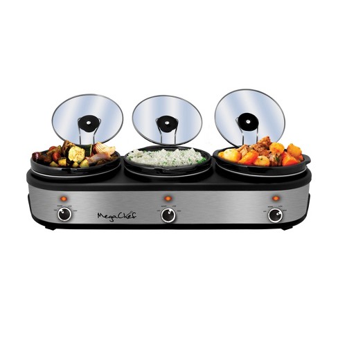MegaChef Triple 2.5 Quart Slow Cooker and Buffet Server in Brushed Silver  and Black