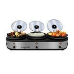 MegaChef Triple 2.5 Quart Slow Cooker and Buffet Server with 3 Ceramic Cooking Pots and Removable Lid Rests